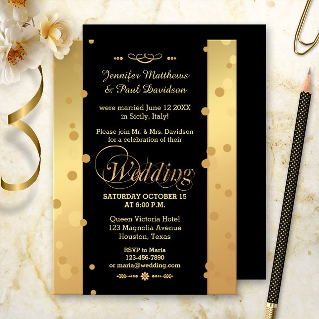 Konfettiflykt eller Bröllopsfestinbjudan efter vig Inbjudningar (Post wedding reception invitation in gold and black with festive confetti sparkles)