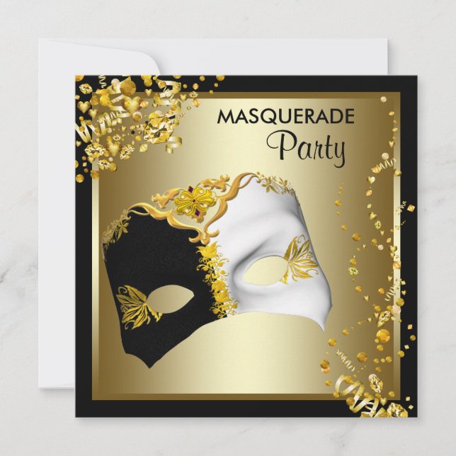 Konfettimask Svart Guld Maskeradfest Inbjudningar (Framsida)