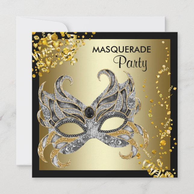 Konfettimask Svart Guld Maskeradfest Inbjudningar (Framsida)