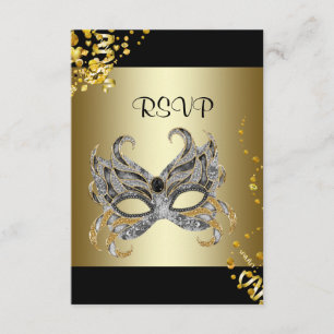 Konfettimask Svart Guld Maskeradfest RSVP OSA Kort