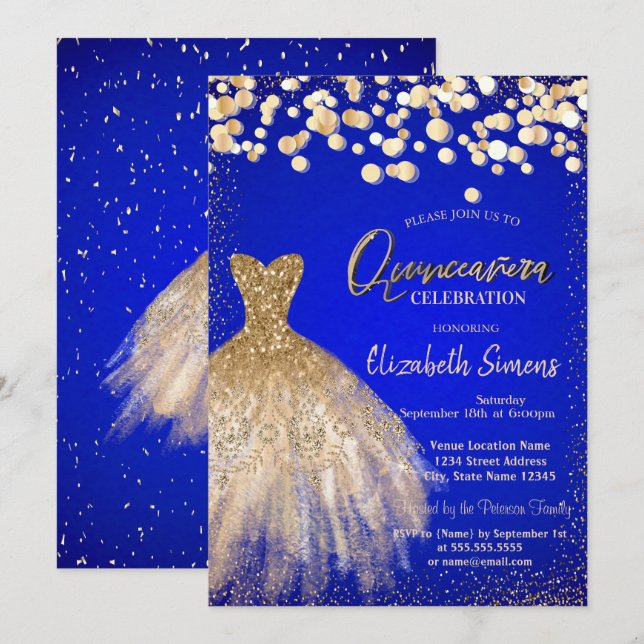 Konfettipunkter, Elegant klänning Royal Blue Quinc Inbjudningar (Fram/baksida)