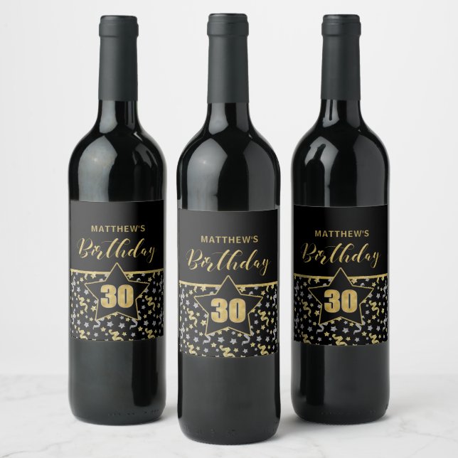 Konfetttema namn 30års födelsedag i Guld på svart Vinflaska Etikett (Flaskor)