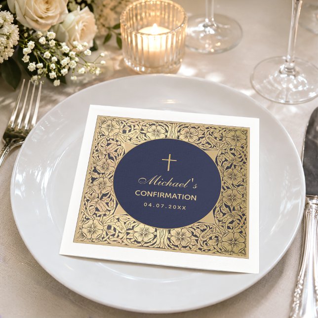 Konfirmation Elegant Vintage Guld Rosor Marinblå  Pappersservett (Skapare uppladdad)