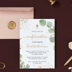 Konfirmation eukalyptus glitter budget inbjudan flygblad