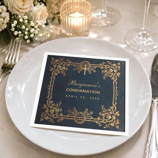 Konfirmation Navyblå Guld Rankor Vintage Elegant  Pappersservett (Skapare uppladdad)