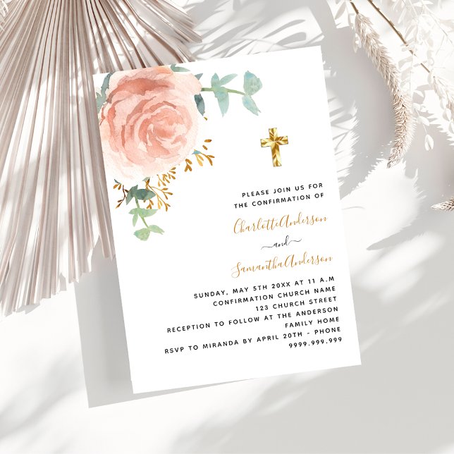 Konfirmation tvillingar flickor ros blomster kors  inbjudningar (Skapare uppladdad)
