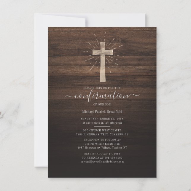 Konfirmationsceremoni Kyrka Kors Rustik Trä Inbjudningar (Framsida)
