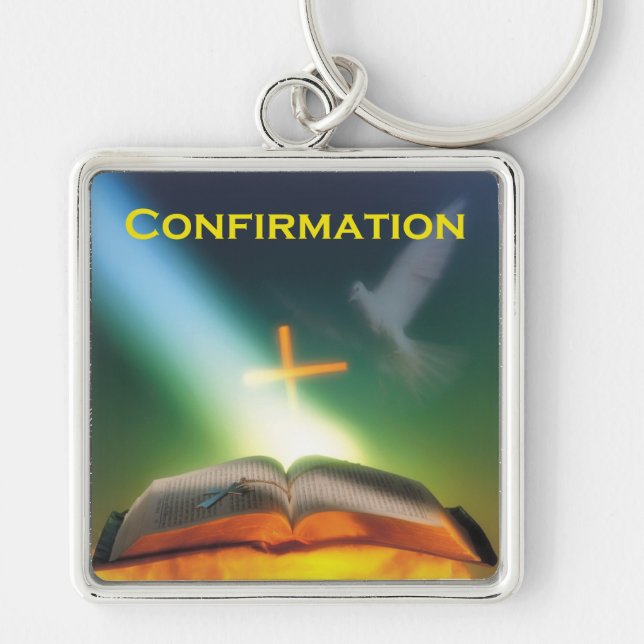 Konfirmationsduva, Bibel, Kors Fyrkantig Silverfärgad Nyckelring (Framsidan)