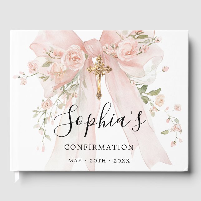 Konfirmationsflicka Rosa Slöja Rosor Anpassad Gästböcker (Framsida)