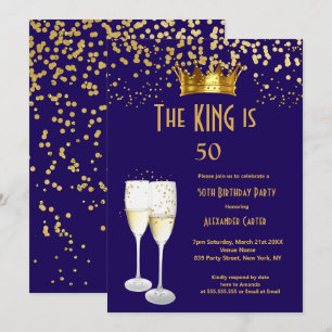 Konglig blå Champagne herr kung 50 födelsedagsfest Inbjudningar