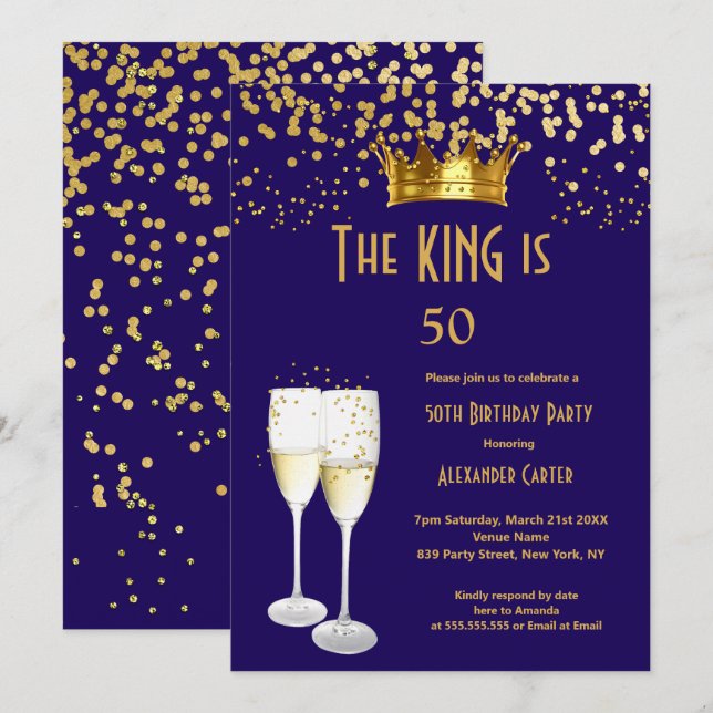 Konglig blå Champagne herr kung 50 födelsedagsfest Inbjudningar (Fram/baksida)