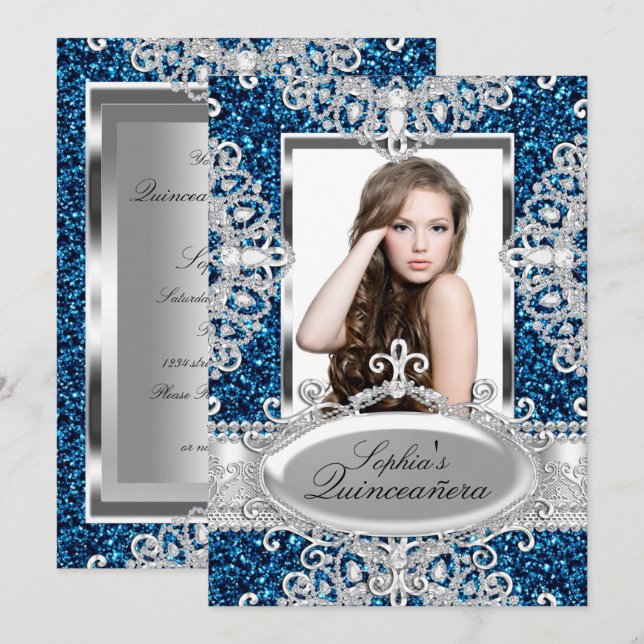 Konglig blå glitter diamant glamour Quinceanera Inbjudningar (Fram/baksida)