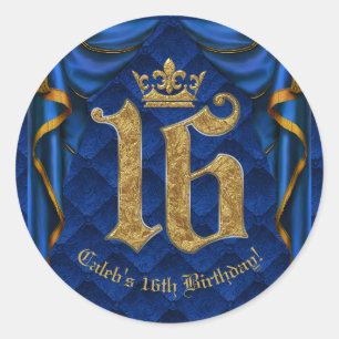 Konglig blå och guldkrona 16 16-årsfest runt klistermärke
