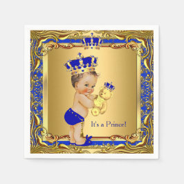 Konglig blå prins guld krona baby shower brunett pappersservett