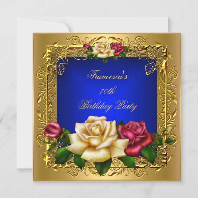 Konglig Blå Röd Kräm Rosor Guld Elegant Födelsedag Inbjudningar (Framsida)