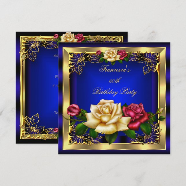 Konglig Blå Röd Kräm Rosor Guld Elegant Födelsedag Inbjudningar (Fram/baksida)