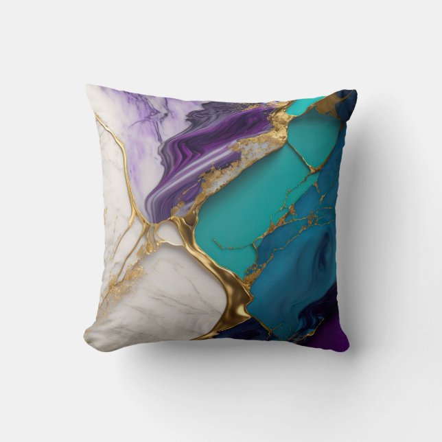 Konglig Teal & Amethyst Marmor med Guldådror Kudde (Framsida)
