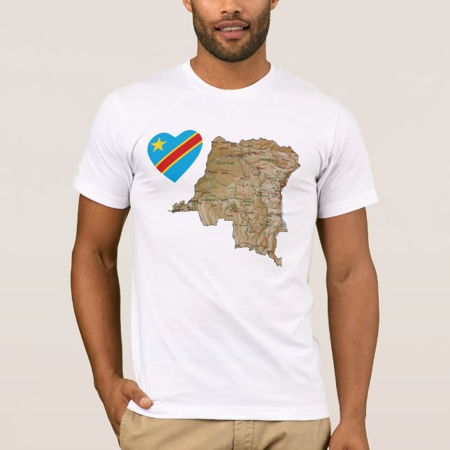Kongo-Kinshasa Flagga Heart och Karta T-Shirt (Framsida)