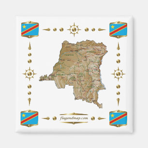 Kongo-Kinshasa Karta + Flaggor Magnet
