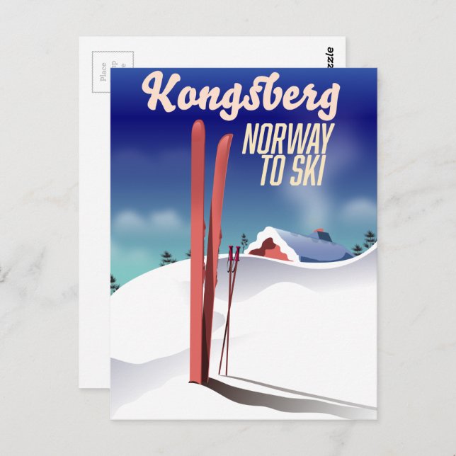 Kongsberg Norge skidresor affisch. Vykort (Fram/baksida)