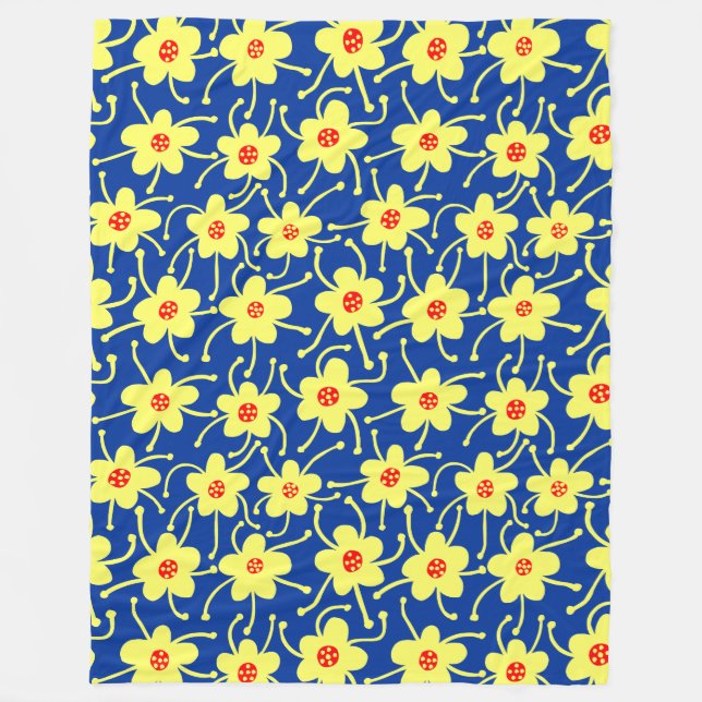 Konkurrerande blommor - Gult och rött på marinblåt Fleecefilt (Framsidan)