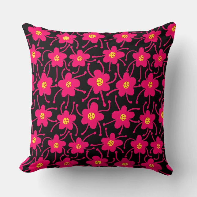Konkurrerande blommor - Neon Red och Gult på Black Kudde (Framsida)