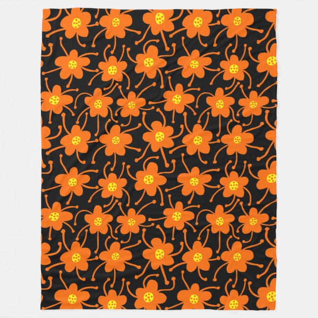 Konkurrerande blommor - Orange och Gult på svart Fleecefilt (Framsidan)