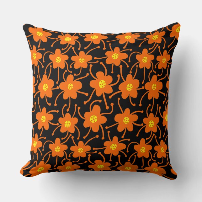 Konkurrerande blommor - Orange och Gult på svart Kudde (Framsida)