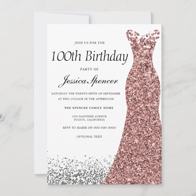 Könor i ro Guld Glitter 100:e Födelsedagsfesten Inbjudningar (Framsida)