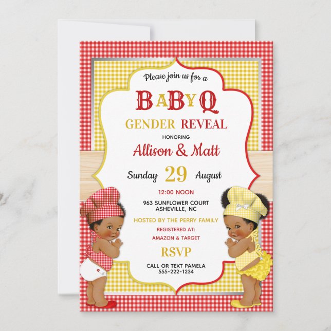 Könsbestämmande Baby Q BBQ Röd Gul Gingham Inbjudningar (Framsida)