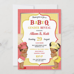 Könsbestämmande Baby Q BBQ Röd Gul Gingham Inbjudningar
