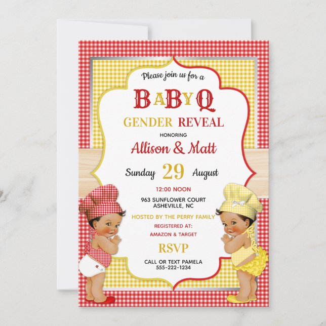 Könsbestämmande Baby Q BBQ Röd Gul Gingham Inbjudningar (Framsida)