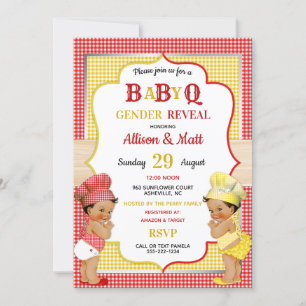 Könsbestämmande Baby Q BBQ Röd Gul Gingham Inbjudningar