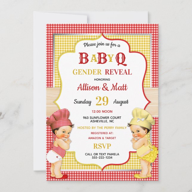 Könsbestämmande Baby Q BBQ Röd Gul Gingham Inbjudningar (Framsida)