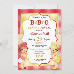 Könsbestämmande Baby Q BBQ Röd Gul Gingham Inbjudningar