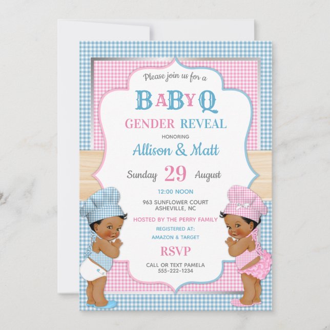 Könsbestämmande Baby Q BBQ Rosa Blå Gingham Inbjudningar (Framsida)
