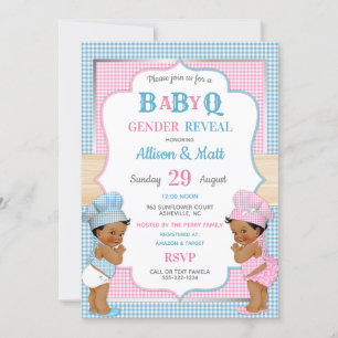 Könsbestämmande Baby Q BBQ Rosa Blå Gingham Inbjudningar