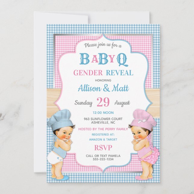 Könsbestämmande Baby Q BBQ Rosa Blå Gingham Inbjudningar (Framsida)