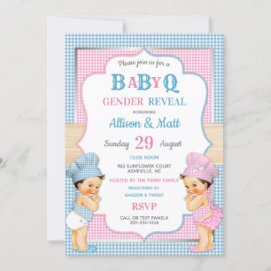 Könsbestämmande Baby Q BBQ Rosa Blå Gingham Inbjudningar