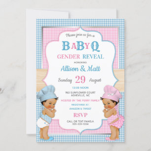 Könsbestämmande Baby Q BBQ Rosa Blå Gingham Inbjudningar