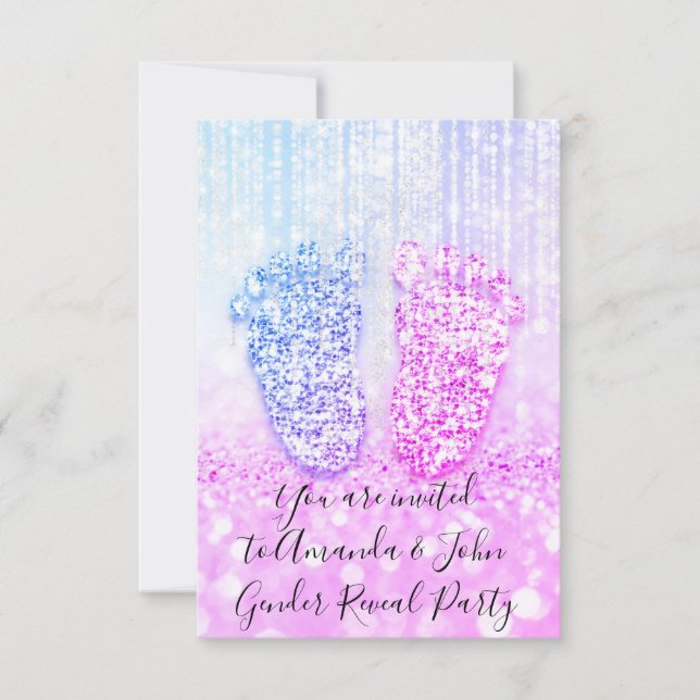 Könsbestämmande Baby Shower Rosa Blå Glitter Fötte Inbjudningar (Framsida)