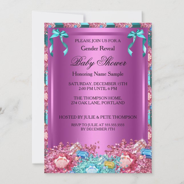 Könsbestämmande Baby Shower Rosa Teal Blå Kristall Inbjudningar (Framsida)