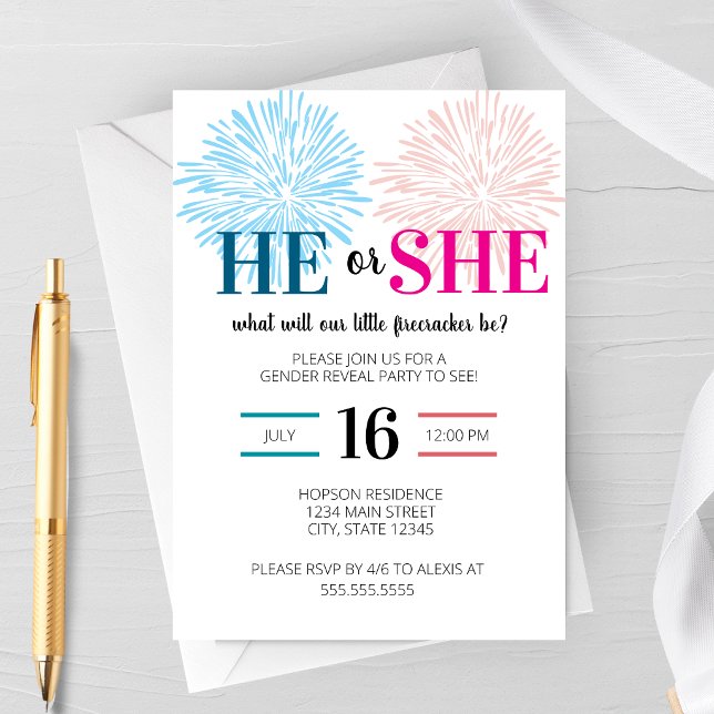 Könsbestämmande Firework-fest Invitation Inbjudningar (Firework Gender Reveal Party Invitation featuring pink and blue fireworks)