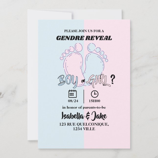 Könsbestämmande inbjudan delad blå rosa fötter (Framsida)