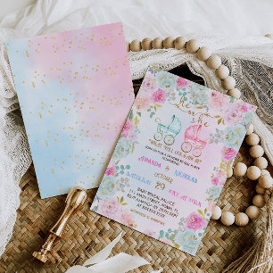 Könsbestämmande Rosa Blå Barnvagnar Baby Shower Inbjudningar