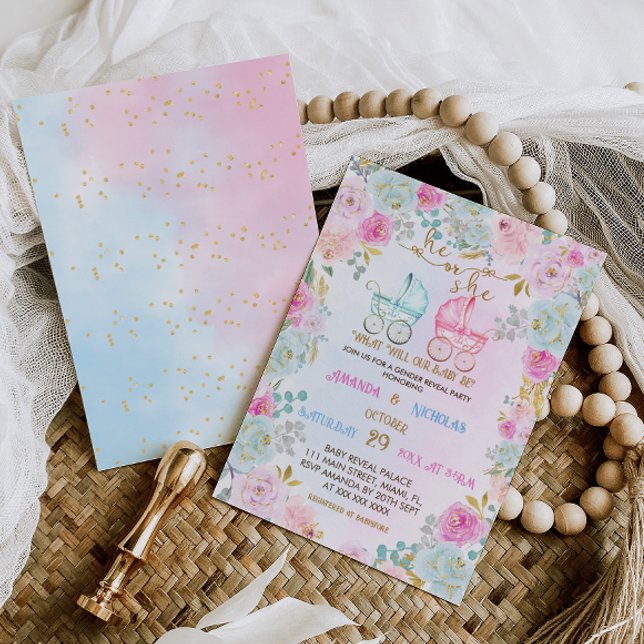 Könsbestämmande Rosa Blå Barnvagnar Baby Shower Inbjudningar (Skapare uppladdad)