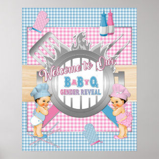 Könsbestämmande Rosa Blå Gingham Baby Q BBQ Affisc Poster