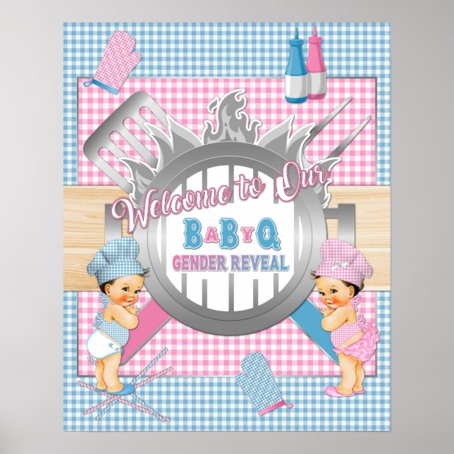 Könsbestämmande Rosa Blå Gingham Baby Q BBQ Affisc Poster (Framsidan)