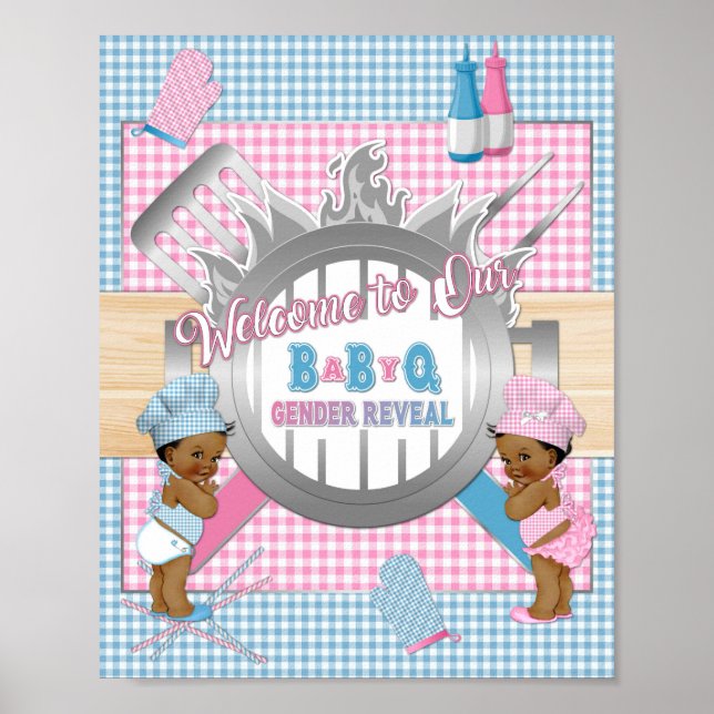 Könsbestämmande Rosa Blå Rutig Baby Q Grill Poster (Framsidan)