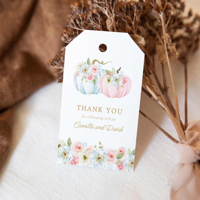 Könsbestämning av höstblå och rosa pumpa presentetikett (Pink and blue Fall Baby Shower Thank you tags)